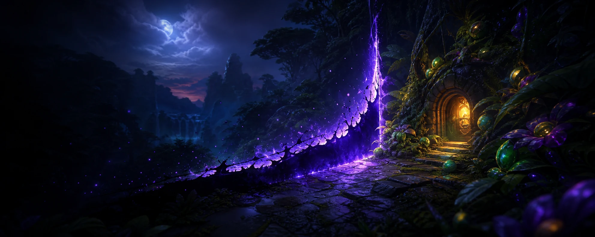 A glowing violet ink barrier crossing a moonlit jungle path beside a warm storybook doorway